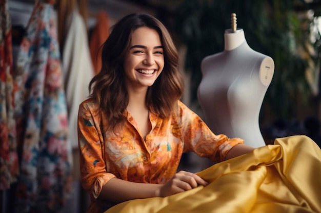 Mujer feliz sastre profesional probando el patrón de tejido en el maniquí trabajando en el estudio de costura Sonriendo