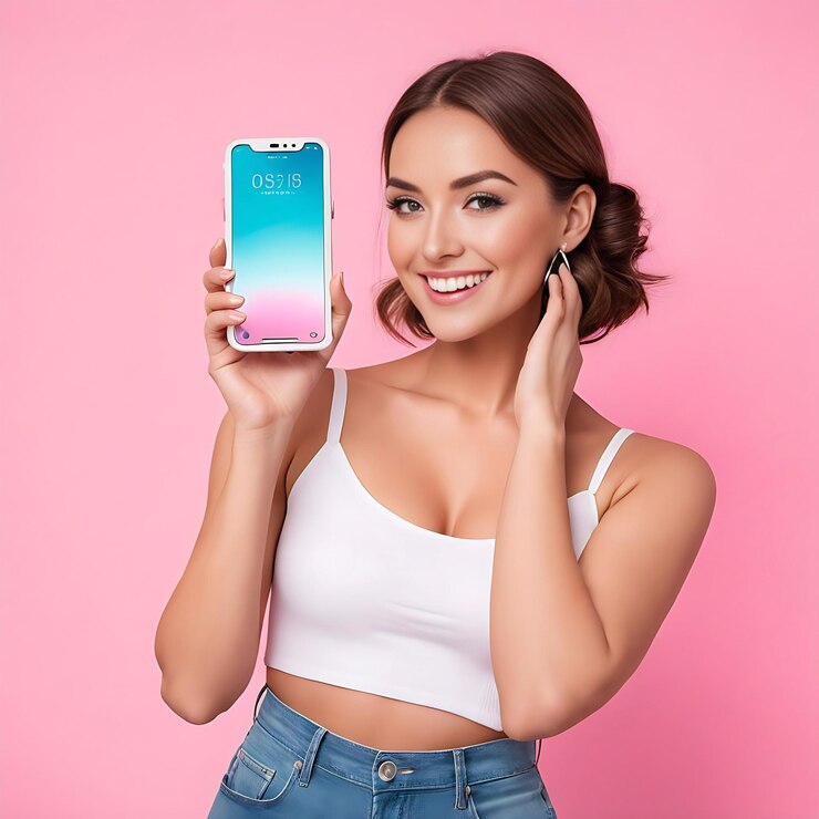 Una mujer feliz y satisfecha señala con emoción una pantalla en blanco parpadeando los ojos y mostrando un teléfono móvil moderno