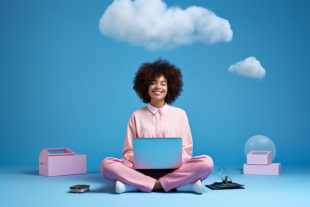 Mujer feliz sentada con una computadora portátil sobre un fondo de color brillante de estilo de moda