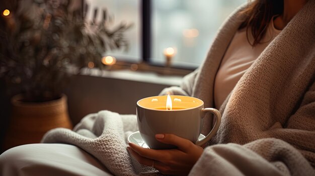 mujer feliz sentada en el sofá cubierta con una manta gris con una taza de café