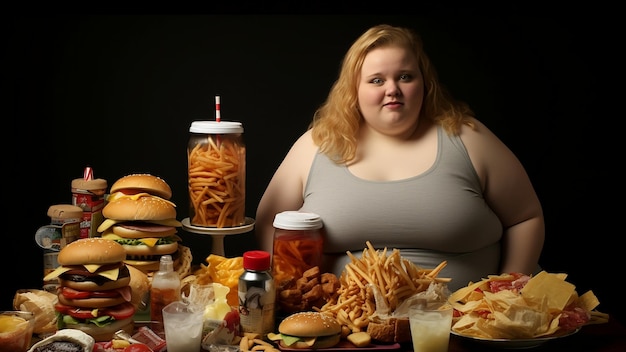 Una mujer feliz con sobrepeso se sienta a la mesa servida con diferentes alimentos chatarra de fondo negro