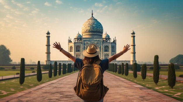 Mujer feliz con sombrero y mochila levantando los brazos contra el fondo del Taj Mahal