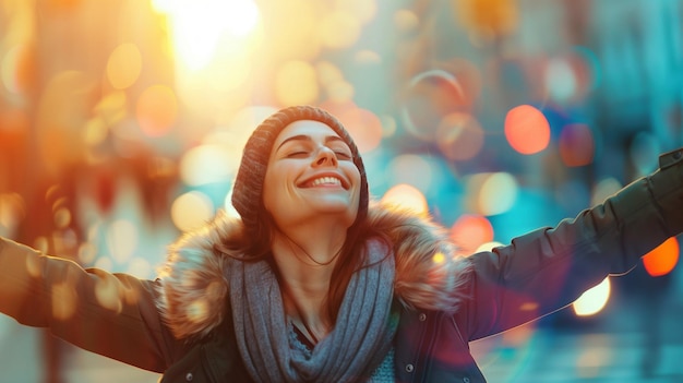 Foto mujer feliz sonriendo con los brazos abiertos y la luz del sol en su cara