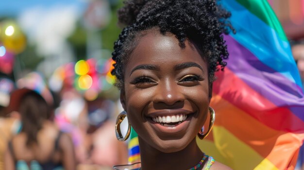Mujer feliz sonriendo en el Desfile del Orgullo con bandera arco iris