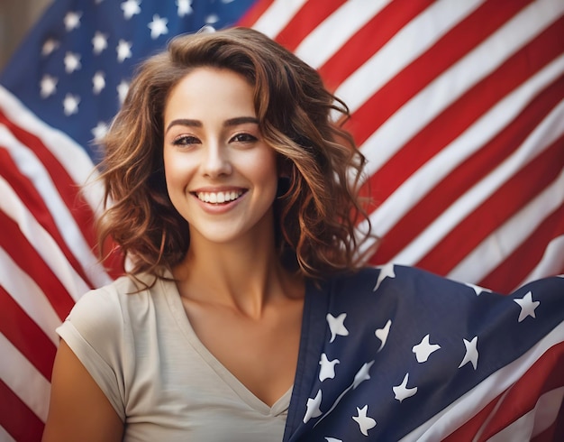 Una mujer feliz y sonriente agarrando la bandera de los Estados Unidos en una fotografía realista