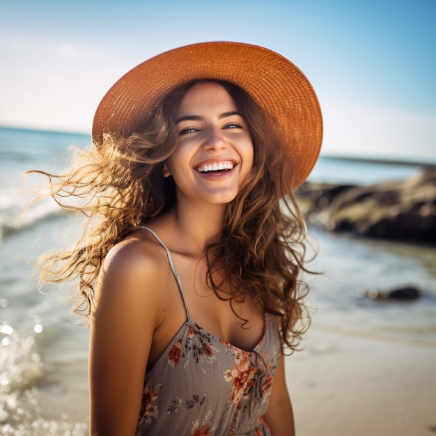 Mujer feliz y sonriente en la playa