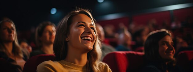 Una mujer feliz y sonriente sentada en un cine viendo una película