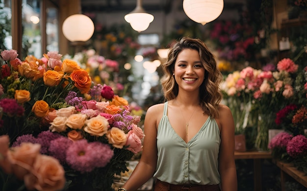 Una mujer feliz y sonriente en su floristería entre una variedad de coloridos ramos de flores