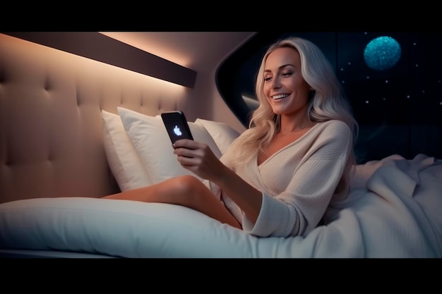 Mujer feliz y sonriente usa un teléfono inteligente para chatear por video sentada en el dormitorio en casa por la noche Concepto de comunicación IA generativa IA generativa IA creó generación de IA