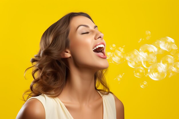 Foto mujer feliz soplando una burbuja con chicle contra un fondo amarillo
