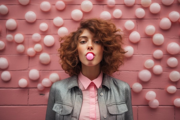 Mujer feliz soplando chicle en frente de la pared ai generado