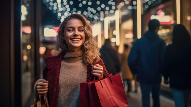 Mujer feliz sosteniendo bolsa de compras