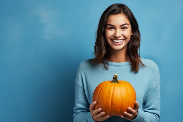 Una mujer feliz sosteniendo una calabaza de Halloween sobre fondo azul.