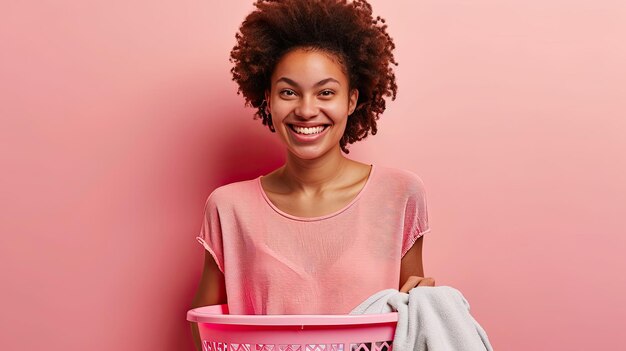 Mujer feliz sosteniendo cesto de lavandería