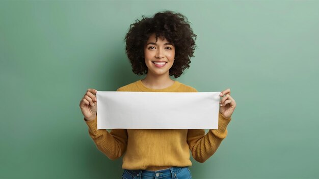 Mujer feliz sosteniendo un estandarte vacío