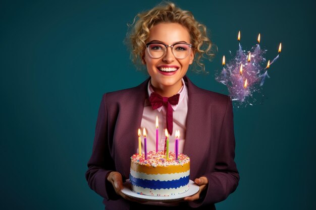 mujer feliz sosteniendo un gran pastel de cumpleaños con velas con confeti sonriendo