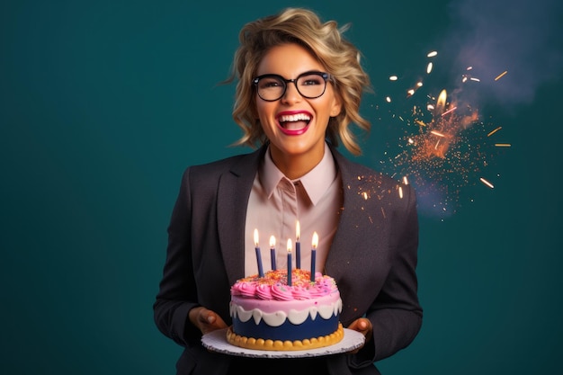 mujer feliz sosteniendo un gran pastel de cumpleaños con velas con confeti sonriendo