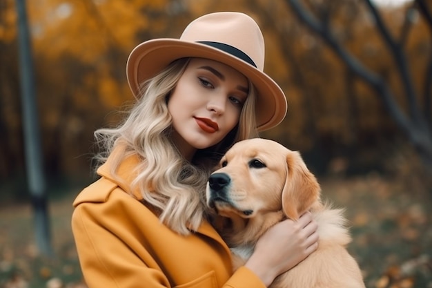 Mujer feliz sosteniendo a su perro con ternura en el parque de otoño encantadora chica rubia pasando un buen rato con su mascota al aire libre