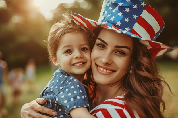 Mujer feliz con su pequeño hijo Día de la Independencia de los Estados Unidos Celebración del 4 de julio Vestido patriótico