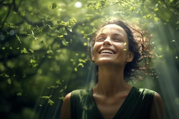 Foto una mujer feliz está talando y podando un árbol con ia generativa