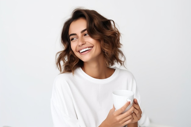 Foto mujer feliz con una taza de café sobre un fondo blanco