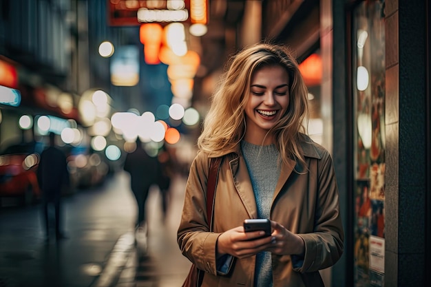 Mujer feliz con teléfono inteligente en la calle