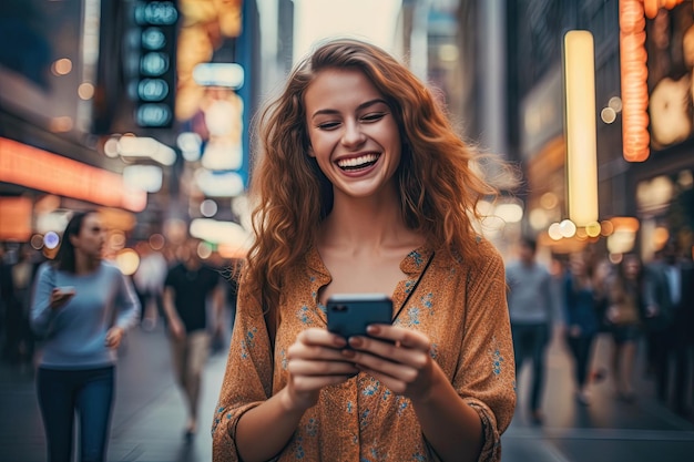 Mujer feliz con teléfono inteligente en la calle