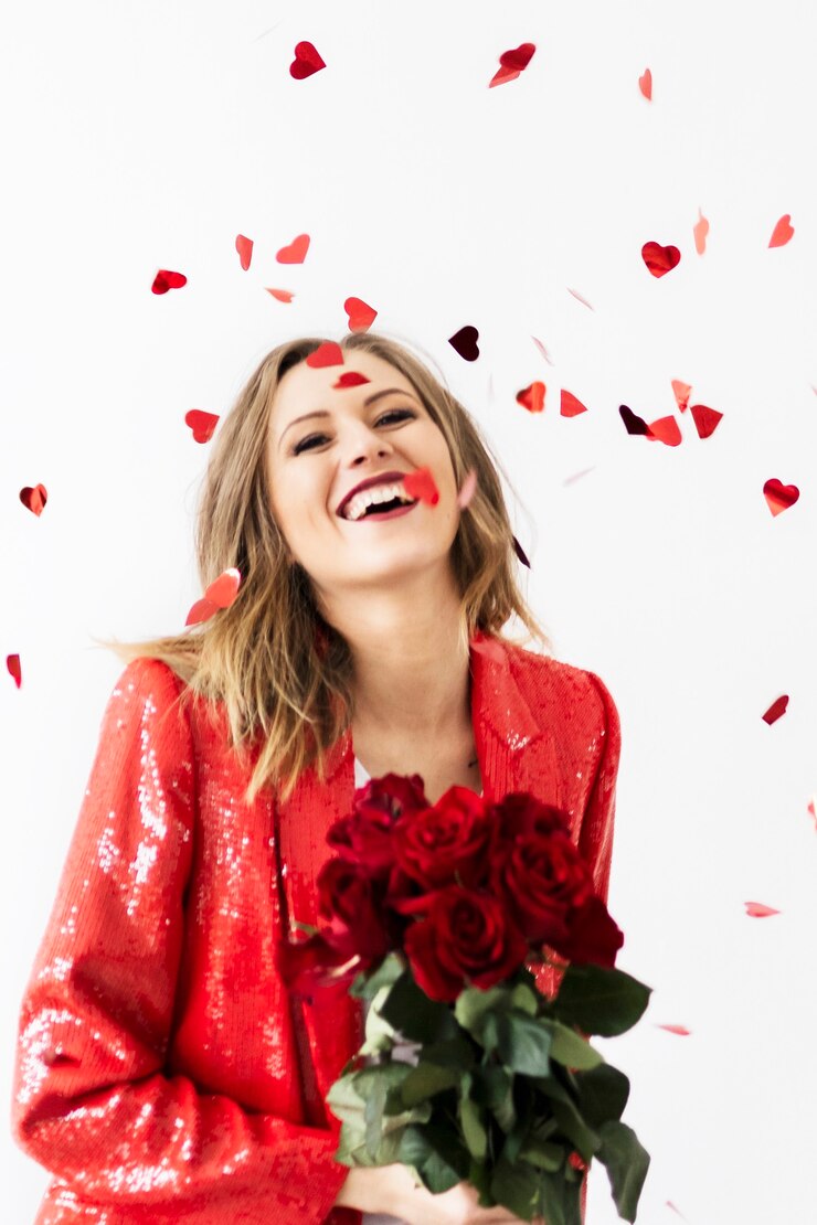 Foto mujer feliz en un traje rojo con un ramo de rosas