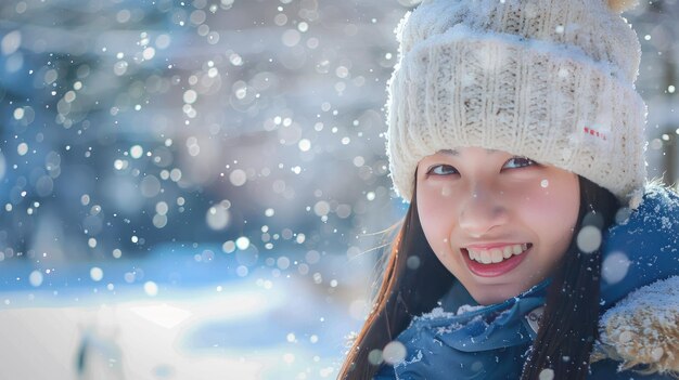 Mujer feliz con trajes de invierno disfrutando del paisaje nevado