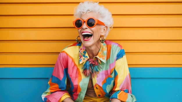 Foto mujer feliz de último año en traje colorido