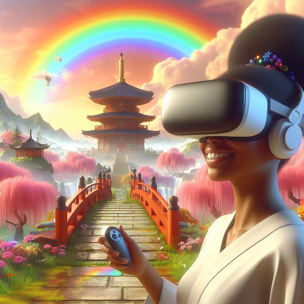 Foto una mujer feliz usando un auricular de realidad virtual en un shangrila con un arco iris de arte digital ai generado por bing