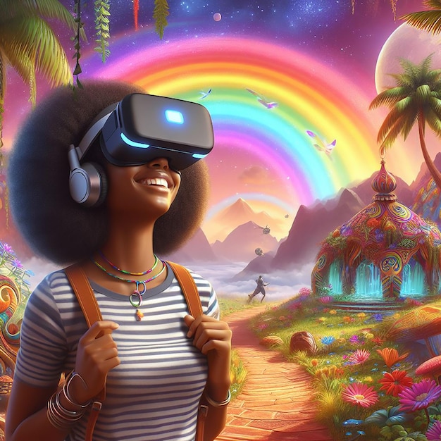 Foto una mujer feliz usando un auricular de realidad virtual en un shangrila con un arco iris de arte digital ai generado por bing