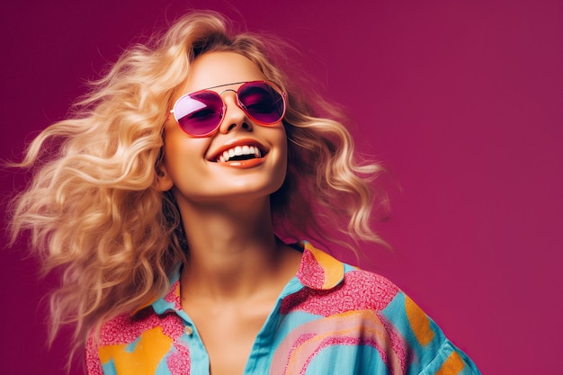 Mujer feliz de verano elegante posando con sombrero sonrisa entusiasta colores de diseño de tendencia