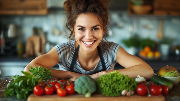 Mujer feliz con verduras orgánicas frescas en una cocina moderna