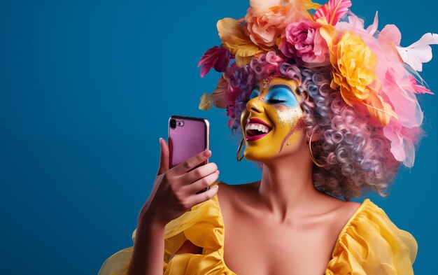 Foto mujer feliz vestida para el carnaval tomando una foto de sí misma