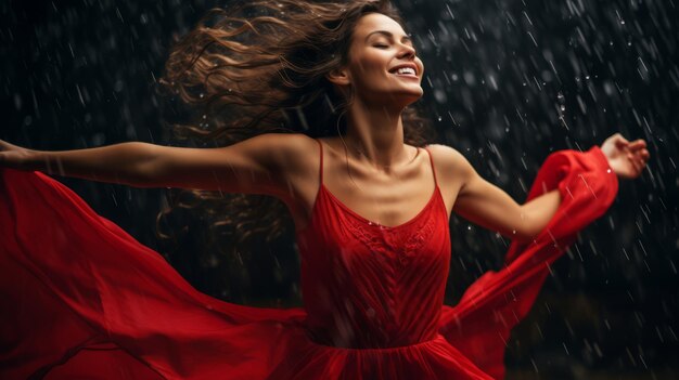 La mujer feliz en el vestido rojo está bailando