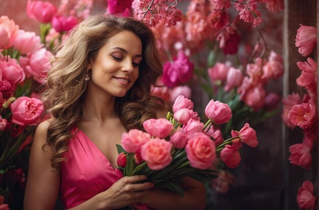 Foto una mujer feliz con un vestido rosa brillante huele el ramo del día internacional de la mujer