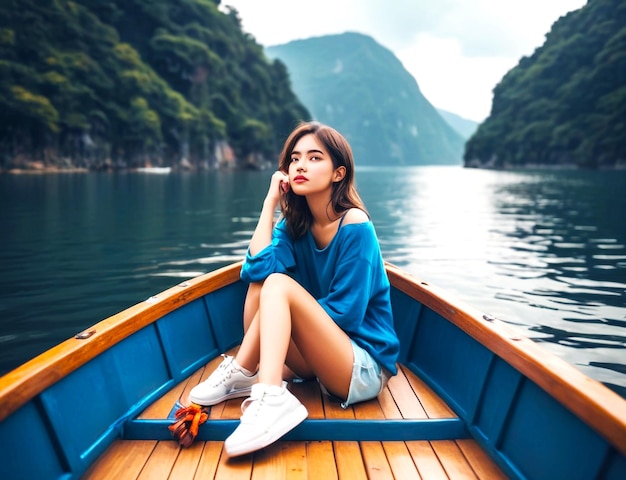 Mujer feliz de viaje explorando la naturaleza salvaje del parque nacional de Khao Sok sentada en un barco de madera de cola larga.