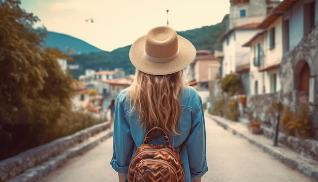 Mujer feliz de viaje con con un sombrero en vacaciones en un puente de cuerda en el concepto de la selva tropical