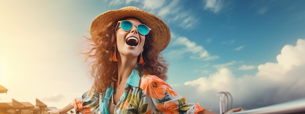 Foto una mujer feliz va de viaje. un viajero con una maleta.