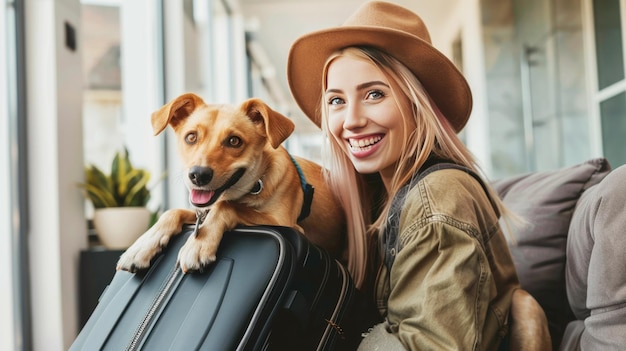 Mujer feliz viajera con equipaje y su perro en un hotel de mascotas