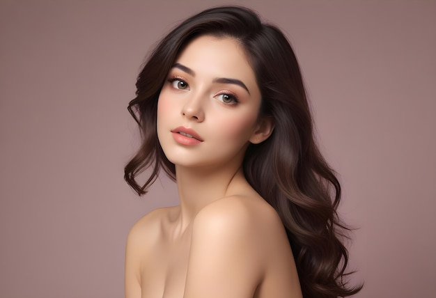 mujer femenina con cabello largo y marrón y un labio rosa