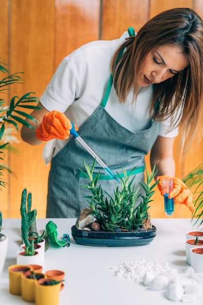 Mujer fertilizando plantas en la mesa en casa