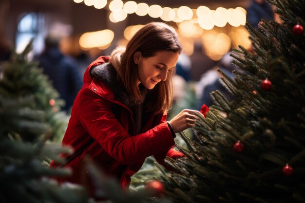 Una mujer festiva admirando un árbol de Navidad en una tienda