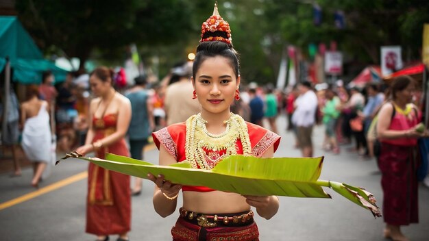 Foto mujer del festival loy krathong en traje tradicional tailandés sosteniendo una hoja de plátano