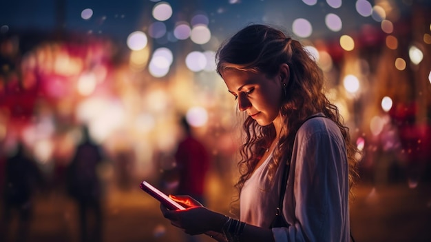 Mujer en un festival nocturno con un teléfono inteligente