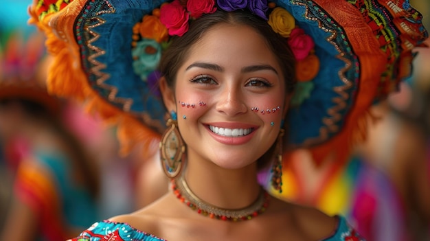 Mujer de fiesta con tocado de colores