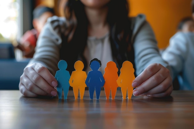 Mujer con figuras humanas de papel en una mesa de primer plano Concepto de diversidad e inclusión