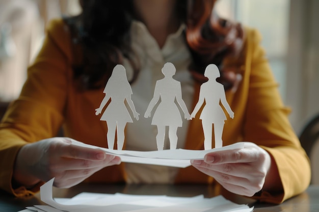 Mujer con figuras humanas de papel en una mesa de primer plano Concepto de diversidad e inclusión