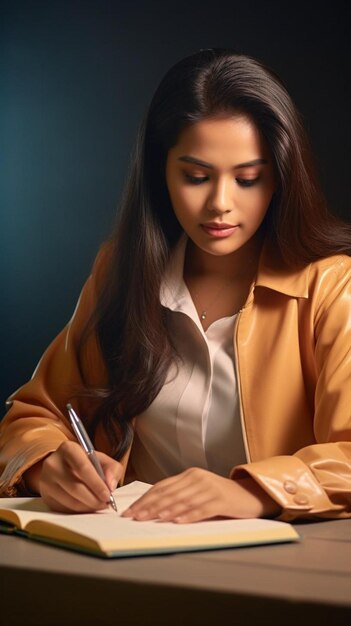 Foto mujer filipina tomando notas en archivos de libros de texto escribiendo información para el informe de busienss en el estudio